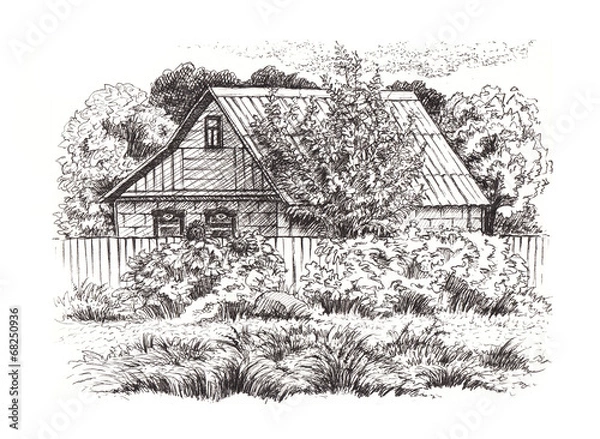 Fototapeta Rural landscape with old farmhouse.