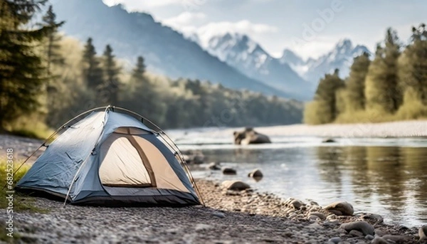 Fototapeta Amazing mountain landscape: tent on the shore. small river meanders through the valley. sunny day perfect for hiking and exploring nature. travel and nature concept. ai generated. 