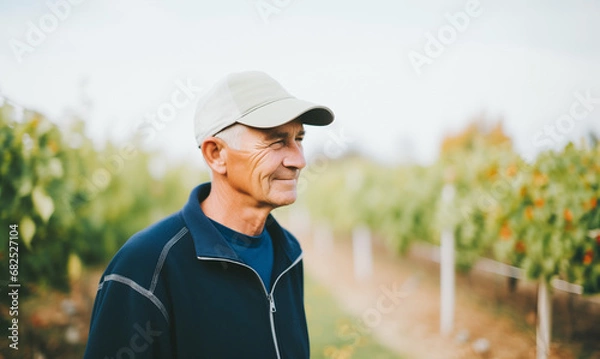 Fototapeta A mature man with a gentle smile stands among lush grapevines in his vineyard, exuding experience and dedication to viticulture.