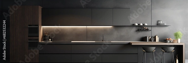 Obraz Kitchen in minimalist style. Bright or dark colors. Wood furniture, countertop. Modern interior design. Luxury dining room interior. created with Generative AI