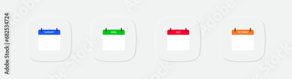 Obraz Calendar icon. Date of month symbol. January, April, July, October month. Blue, green, red, and orange illustrations.