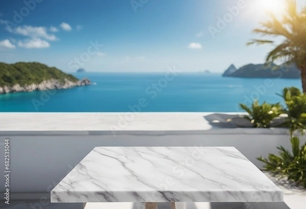 Fototapeta White marble table top on blur ocean sea island and blue sky background