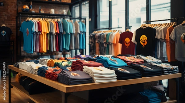 Fototapeta Vibrant Wardrobe Wonders Close-Up of Colorful T-Shirts on Display in a Trendy Clothes Shop. Generative AI