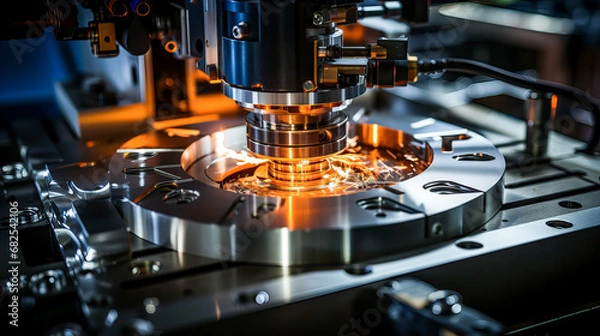 Fototapeta The CNC milling machine cutting the metal part with the sparking light. Industrial laser cutting metal with sparks. Laser cutting machine in metal industry. Generative AI technology