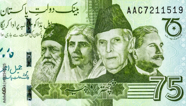 Fototapeta Portraits of Muhammad Ali Jinnah, Sir Syed Ahmad Khan, Allama Sir Muhammad Iqbal, Mohtarma Fatima Jinnah on the  Pakistan 75 Rupees 2022