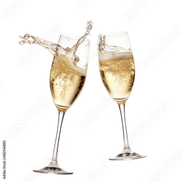 Obraz Champagne glasses toasting with Champagne splashing in an isolated and transparent PNG Celebration-themed, photorealistic illustration. Generative ai