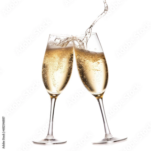 Obraz Champagne glasses toasting with Champagne splashing in an isolated and transparent PNG Celebration-themed, photorealistic illustration. Generative ai