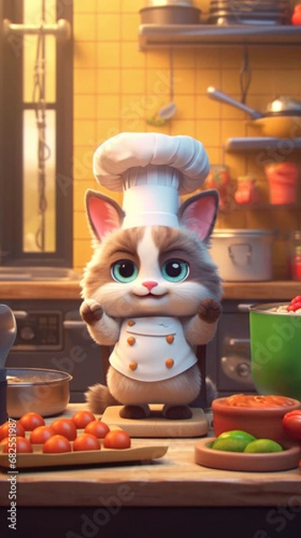 Fototapeta An animated cat chef with a tall white hat prepares a meal in a cozy kitchen, surrounded by fresh ingredients. The character exudes culinary charm and skill in a warm, inviting setting.