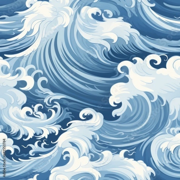 Fototapeta Seamless pattern hand drawn waves and curls on solid white and light blue backgrounds