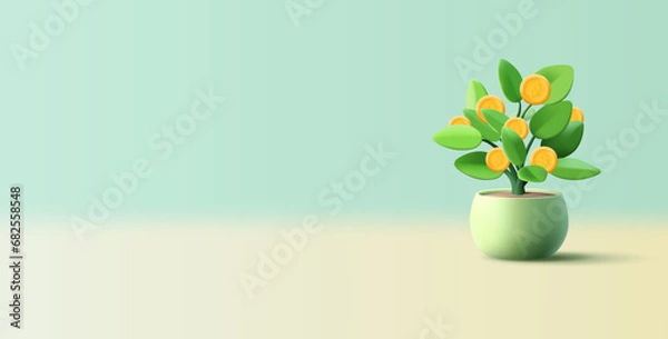 Obraz Money tree in a pot. 3D. Realistic image of a plant with leaves and coins. A symbol of increasing financial wealth. Vector