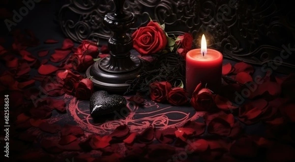 Obraz burning red candle and red rose. 