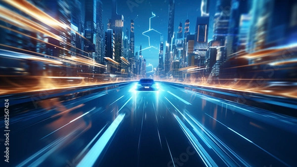 Obraz Długa ekspozycja pędzącego niebieskiego samochodu na środku autostrady ogromnego miasta z drapaczami chmur. Niebieskie ślady światła i niewyraźne światła przyspieszają ruch rozmycie tła.