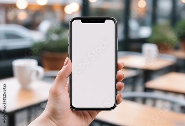 Fototapeta Mockup, woman's hand holding using mobile phone at coffee shop with copy space, white blank screen for text, mobile app design and advertising, online marketing