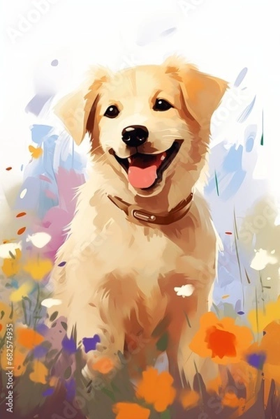 Fototapeta dog sitting field flowers pack smiling face colored pencil drawing splash cute golden color