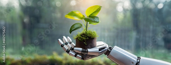 Fototapeta Robot Hand Holding green sprout seedling for planting in greenhouse. Concept of saving planet earth using Artificial Intelligence. Background hi-tech in agriculture. Cultivation, nature conservation.