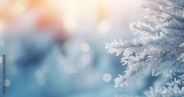 Fototapeta Beautiful winter background image of frosted spruce branches and small drifts of pure snow with bokeh Christmas lights and space for text.