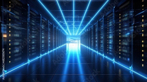Obraz Shot of Corridor in Working Data Center Full of Rack Servers and Supercomputers with Internet connection Visualization Projection, technology, digital, futuristic, future,