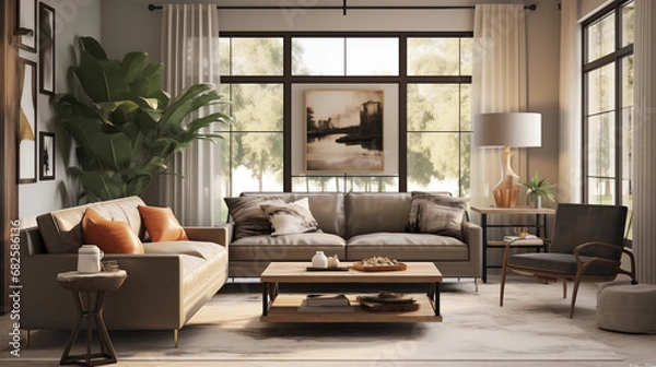 Fototapeta Warm Eclecticism: Well-Lit Living with Wooden Accents and Greenery