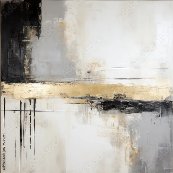 Fototapeta Abstract outlines a painting characterized by golden accents, utilizing an expressive black and white style using shades of navy blue and gold.