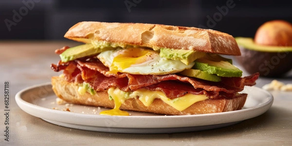 Fototapeta Delicious sandwich with fried eggs, bacon and avocado. Healthy breakfasts. Menu