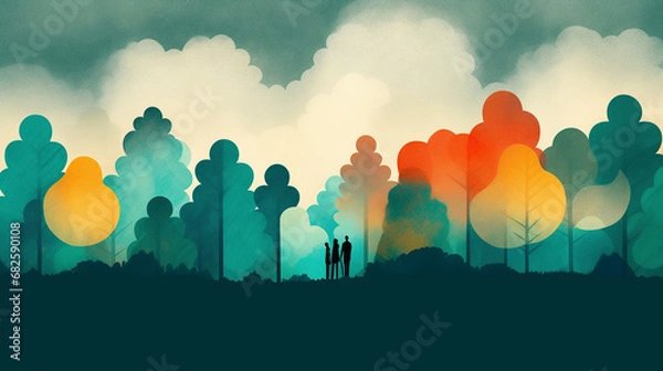 Fototapeta Calming Watercolor Illustration of Forest with Vibrant Orange Trees in the Center