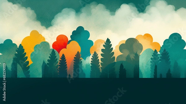 Fototapeta Calming Watercolor Illustration of Forest with Vibrant Orange Trees in the Center