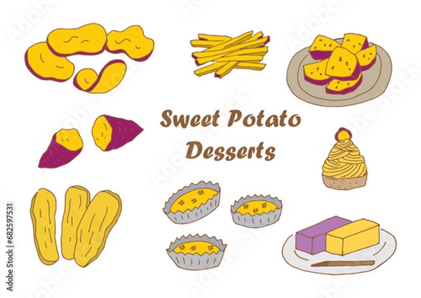 Obraz サツマイモスイーツのイラストセット（カラー、線茶色）（手描き、手書き）
