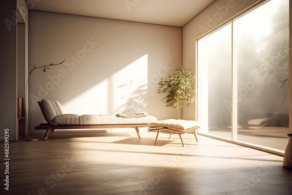Fototapeta An interior space meticulously designed with minimalist principles, sunlight streams through a large window, generative AI