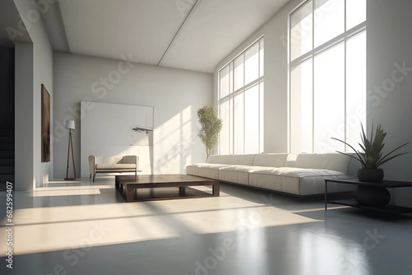 Fototapeta An interior space meticulously designed with minimalist principles, sunlight streams through a large window, generative AI