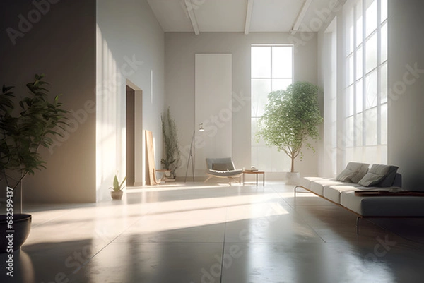 Fototapeta An interior space meticulously designed with minimalist principles, sunlight streams through a large window, generative AI