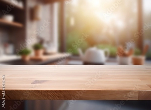 Fototapeta A wooden table with a kitchen in the background. The table is made of light-colored wood and has a smooth surface. The kitchen is visible through a window in the background