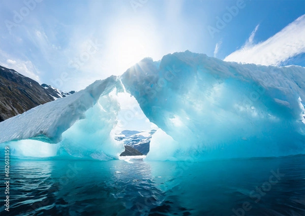 Fototapeta The picture displays icebergs floating in the Antarctic Peninsula, Antarctica.These majestic ice formations contrast with the icy waters,creating a mesmerizing scene of polar beauty and natural wonder