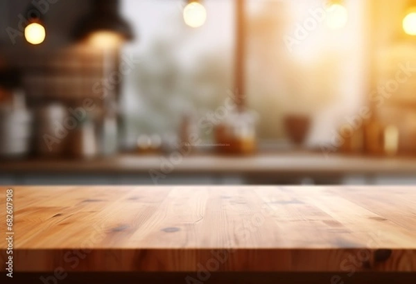 Fototapeta A spacious and inviting modern kitchen with a wooden table and chairs in the foreground, a large window with a view of the outdoors, and a stainless steel oven and refrigerator in the background.