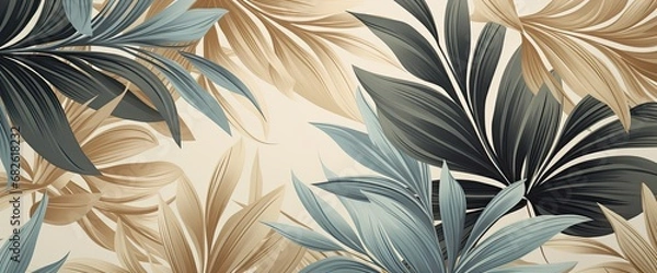 Obraz Wallpaper made of palm leaves in blue and gold, in the style of photorealistic pastiche,
