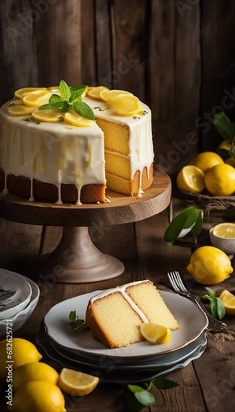 Obraz Lemonade cake placed on a rustic wooden table