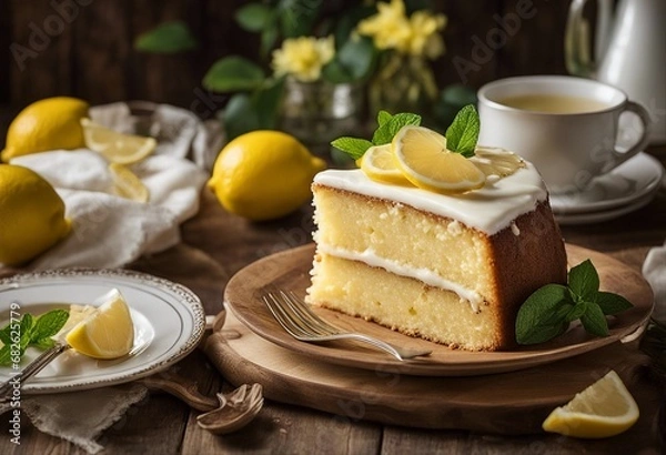 Obraz Lemonade cake placed on a rustic wooden table