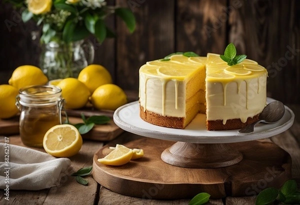 Obraz Lemonade cake placed on a rustic wooden table