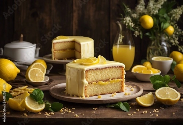 Obraz Lemonade cake placed on a rustic wooden table