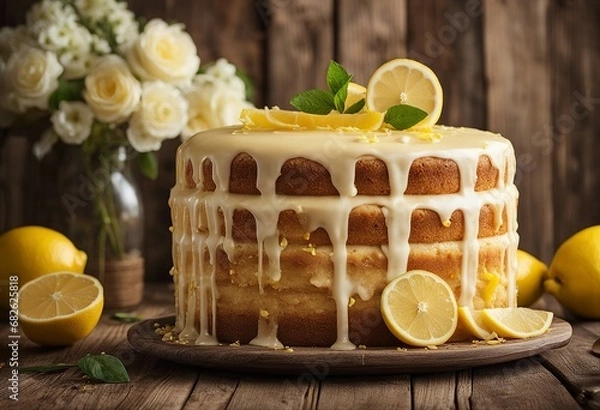 Obraz Lemonade cake placed on a rustic wooden table