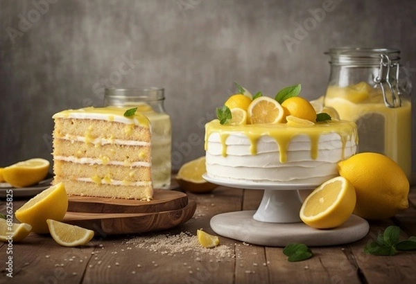 Obraz Lemonade cake placed on a rustic wooden table