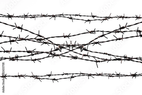 Obraz Rusty barbed wire splits on a white background.