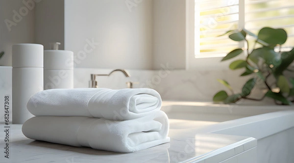 Fototapeta   white towels on marble counter in bathroom ai generative