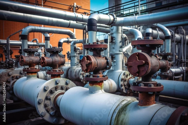 Fototapeta Pipeline valves at the gas plant close-up of hydraulic system pipes, Gas transportation with gas or pipeline valves, pipe leak detection