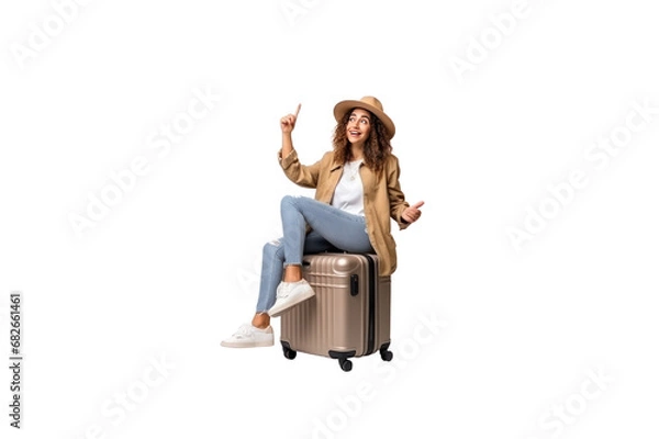Fototapeta Tourist sitting on suitcase holding passport and hand pointing at photocopying area On a transparent studio background