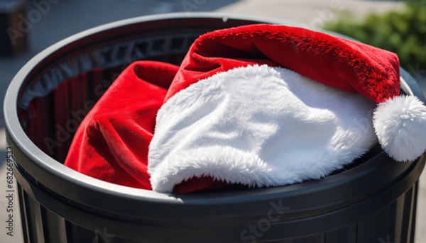 Obraz Santa hats and Santa costumes discarded in the trash bin.