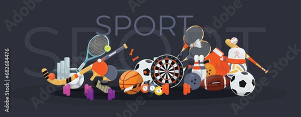 Fototapeta The image shows a bunch of sports equipment on a dark background. The equipment includes a variety of balls, bats, and other items. It is includes a basketball, a baseball, a football, a soccer ball, 