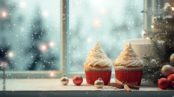 Fototapeta Christmas cupcakes on table with bokeh background for Christmas and New Year.