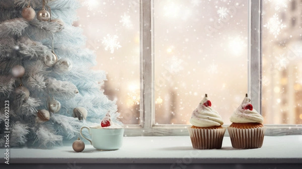 Fototapeta Christmas cupcakes on table with bokeh background for Christmas and New Year.