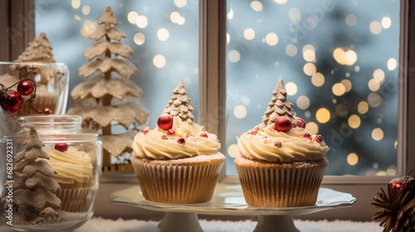 Fototapeta Christmas cupcakes on table with bokeh background for Christmas and New Year.