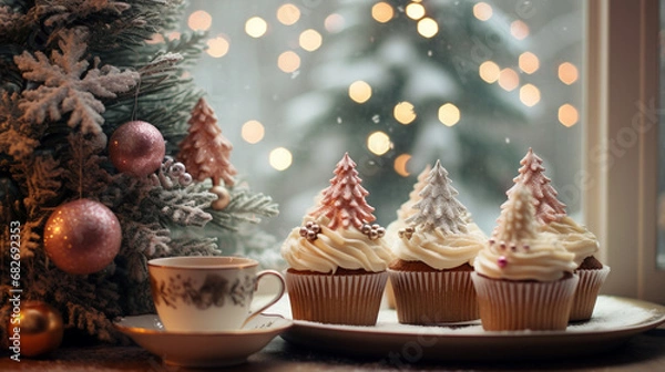 Fototapeta Christmas cupcakes on table with bokeh background for Christmas and New Year.